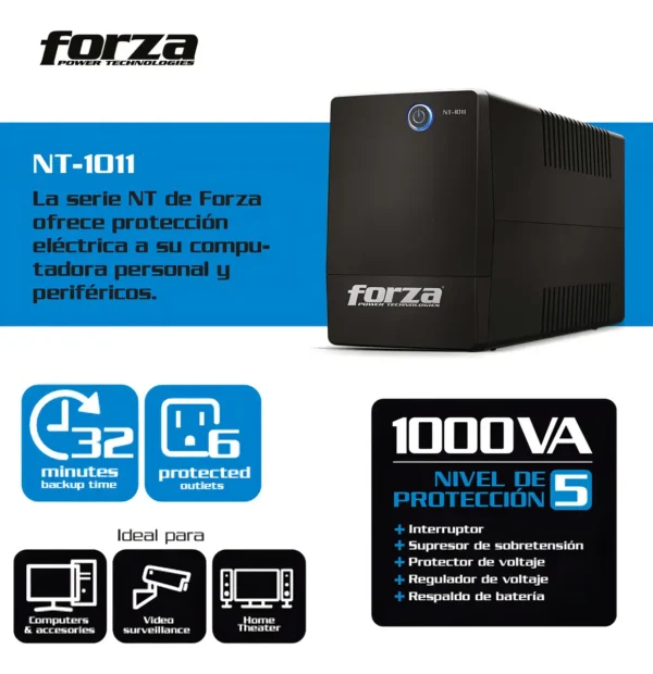 No Break UPS Interactivo Forza 1000VA / 500W con Respaldo de Hasta 32 Minutos